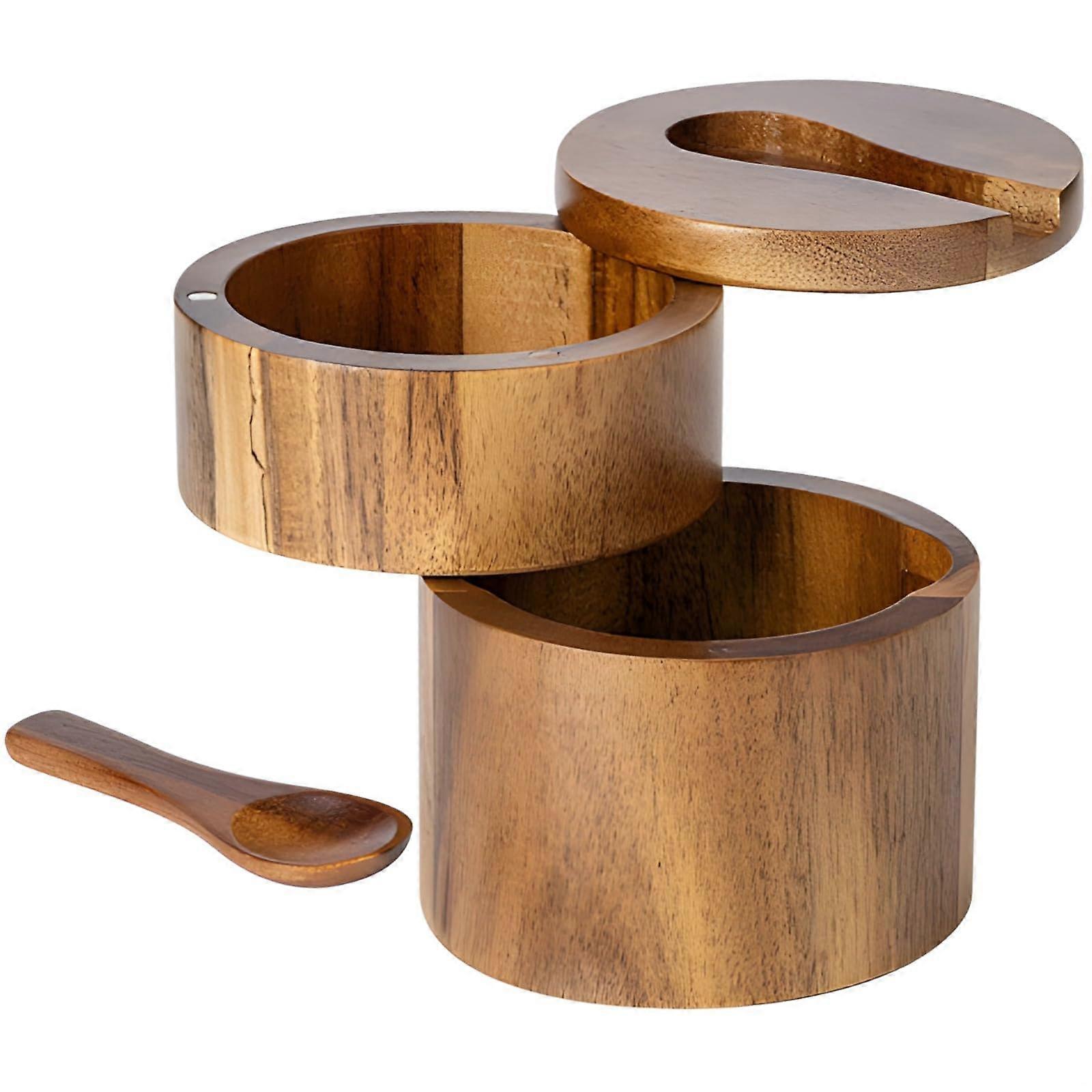 Salt and Pepper Box with Dual Compartment Wooden Salt Cellar, Swivel Lid and Spoon for Kitchen