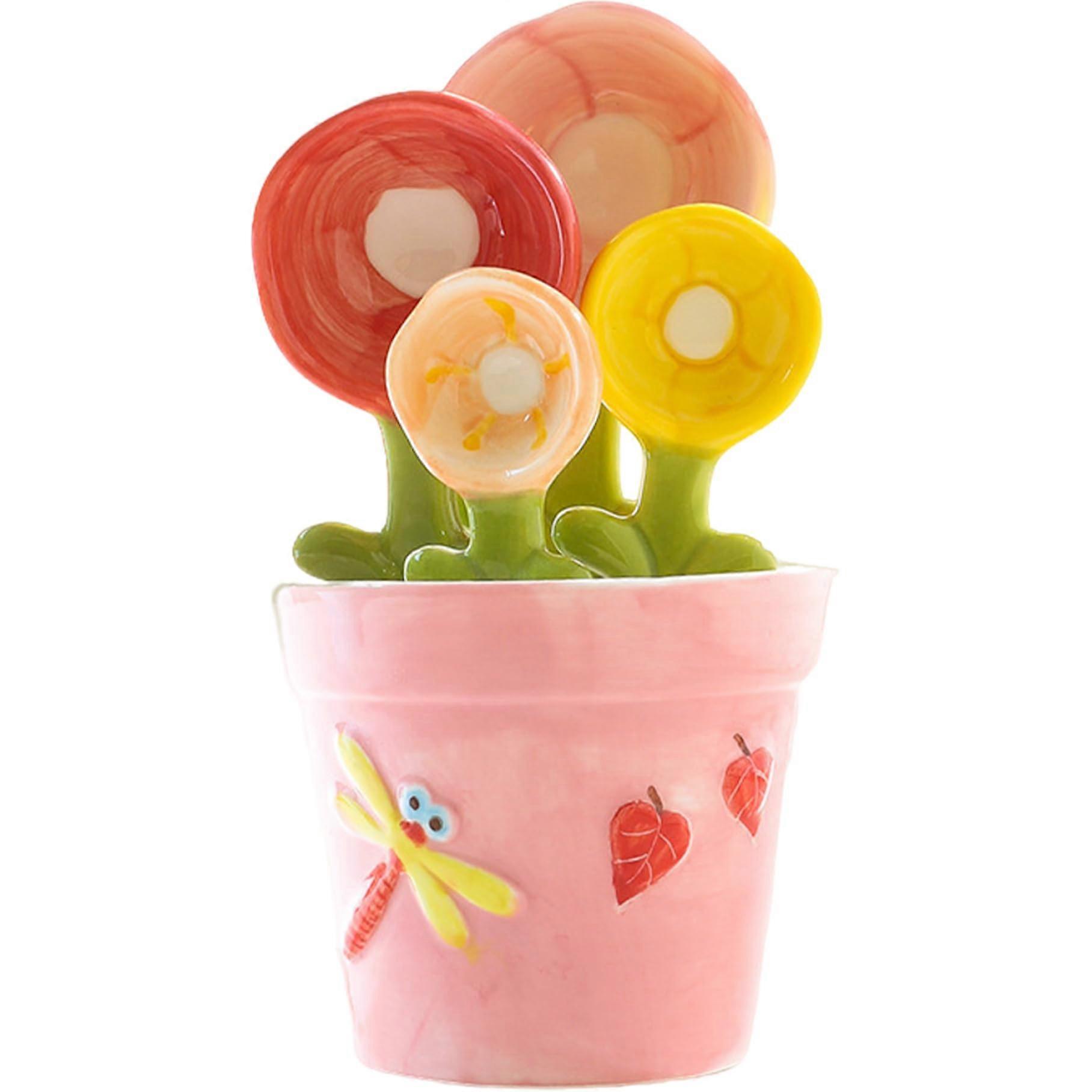 Ceramic Cactus Measuring Spoons Set with Decorative Floral Cups in Pot for Baking and Cooking