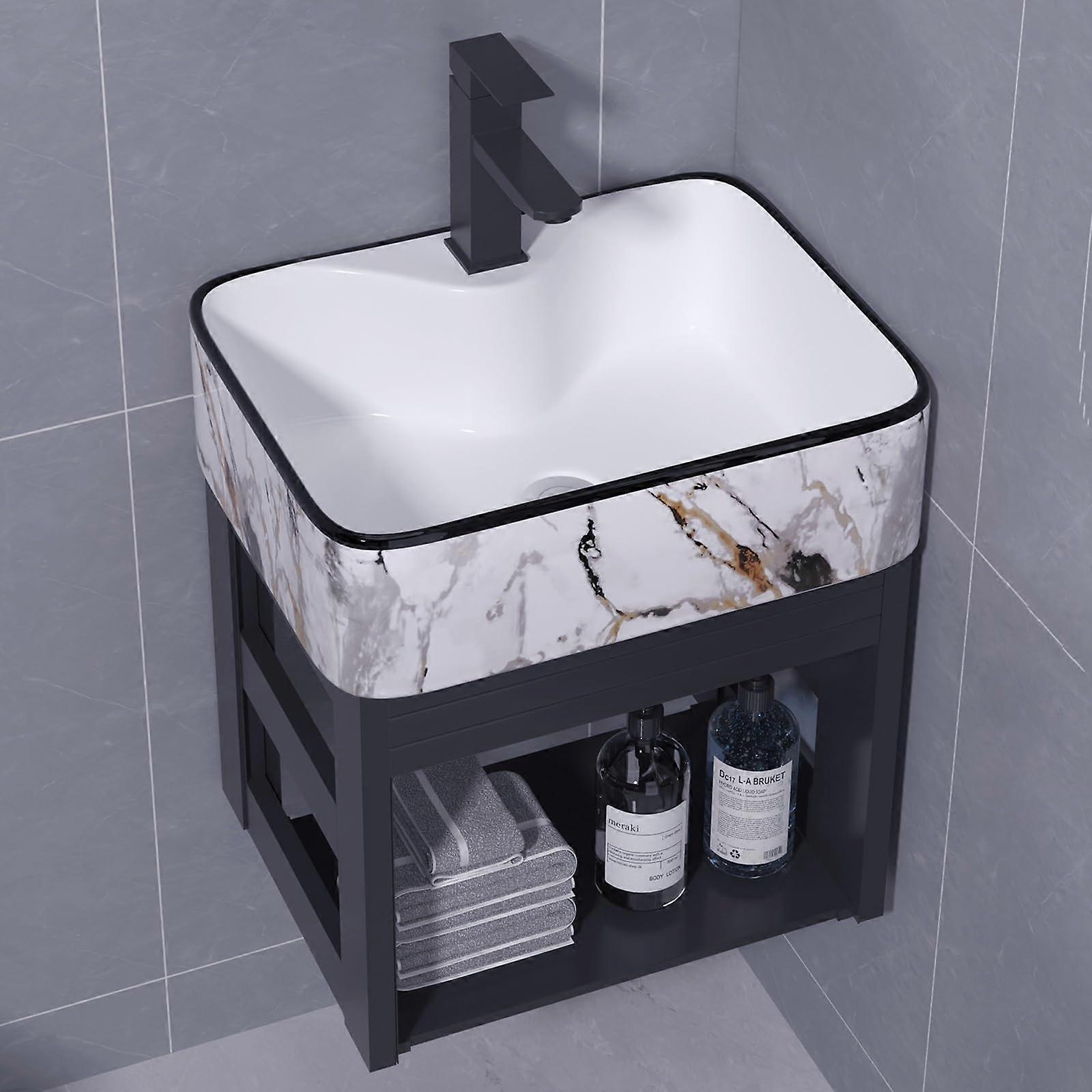 Wall Mounted Bathroom Sink with Storage, Floating Vanity with Ceramic Basin for Small Spaces