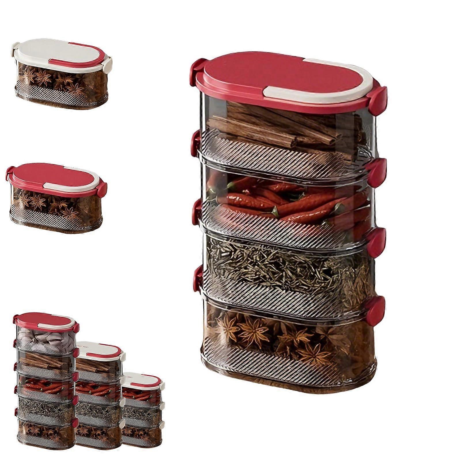 Multi Layer Stackable Spice Organizer with Airtight Seal, Food Grade 4 Layer Storage Box Red