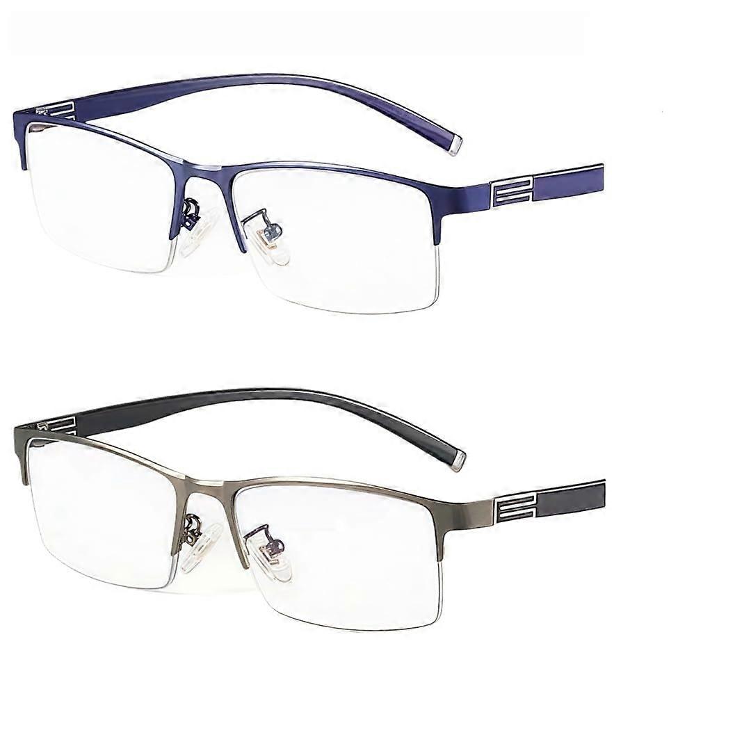 Blue Light Blocking Rectangular Glasses for Men Half Rimless Metal Frames Blue and Gunmetal 0.50x