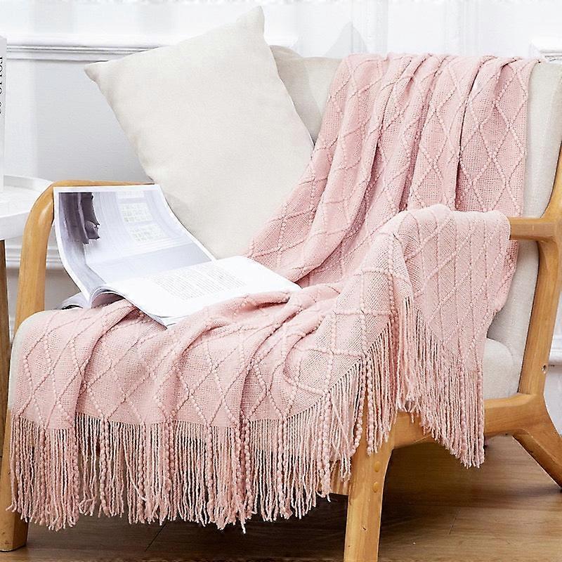 Textured Throw Blanket Solid Soft For Sofa Couch Decorative Knitted Blanket,diamond Texture ,pink