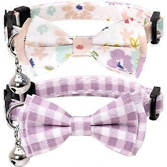 2 Pack/Set Cat Collar Breakaway with Cute Bow Tie and Bell Plaid Flower for Kitty Adjustable Safety - Purple