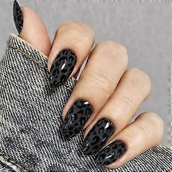 Gray Black False Nail Leopard Pattern Medium Almond Shape, Press On Full Cover Nail Tips for Ready Wear Manicure Refresh and Party Styling Multicolor