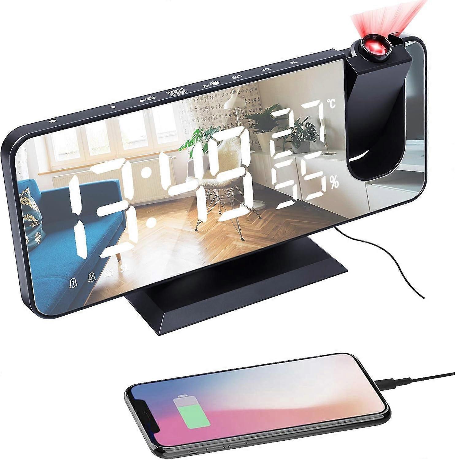 Humidity Multifunctional Radio Projection Alarm Clock Creative LED  Mirror Clock Electronic Digital Clock