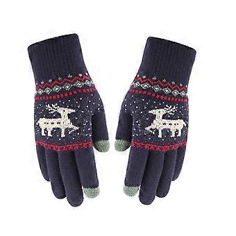 Finger Gloves Winter Use 1Pair Touch Screen Elk Pattern Navy Woolen Gloves