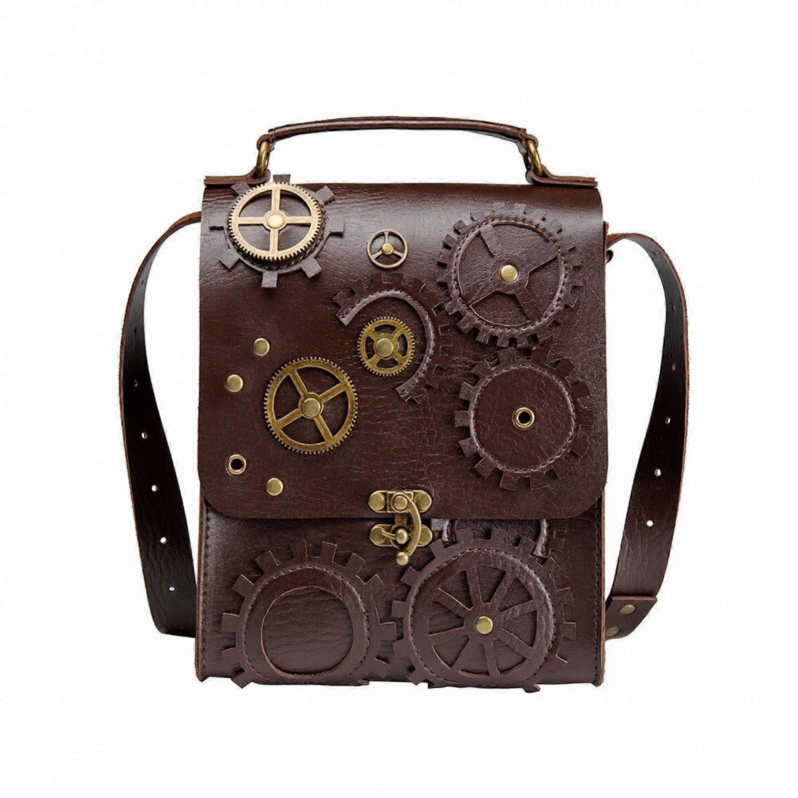 Rectangular Flap Bag with Gear Steampunk PU Shoulder Bag with Top Handle