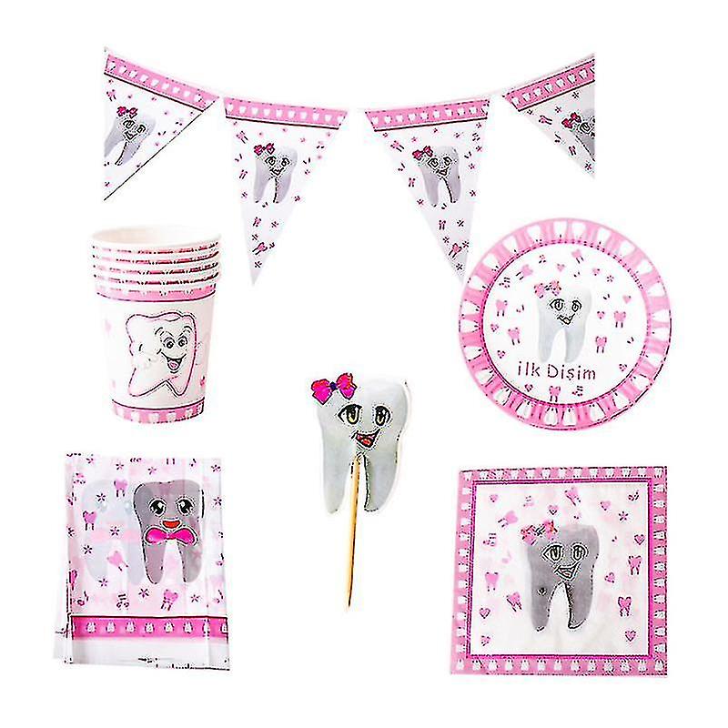 42pcs In 1 Set Pink Tooth Theme Disposable Tableware Fruit Picks Set Paper Cup Plates Napkins Set Tooth Printing Table Cloth Dinnerware And Pennant Se