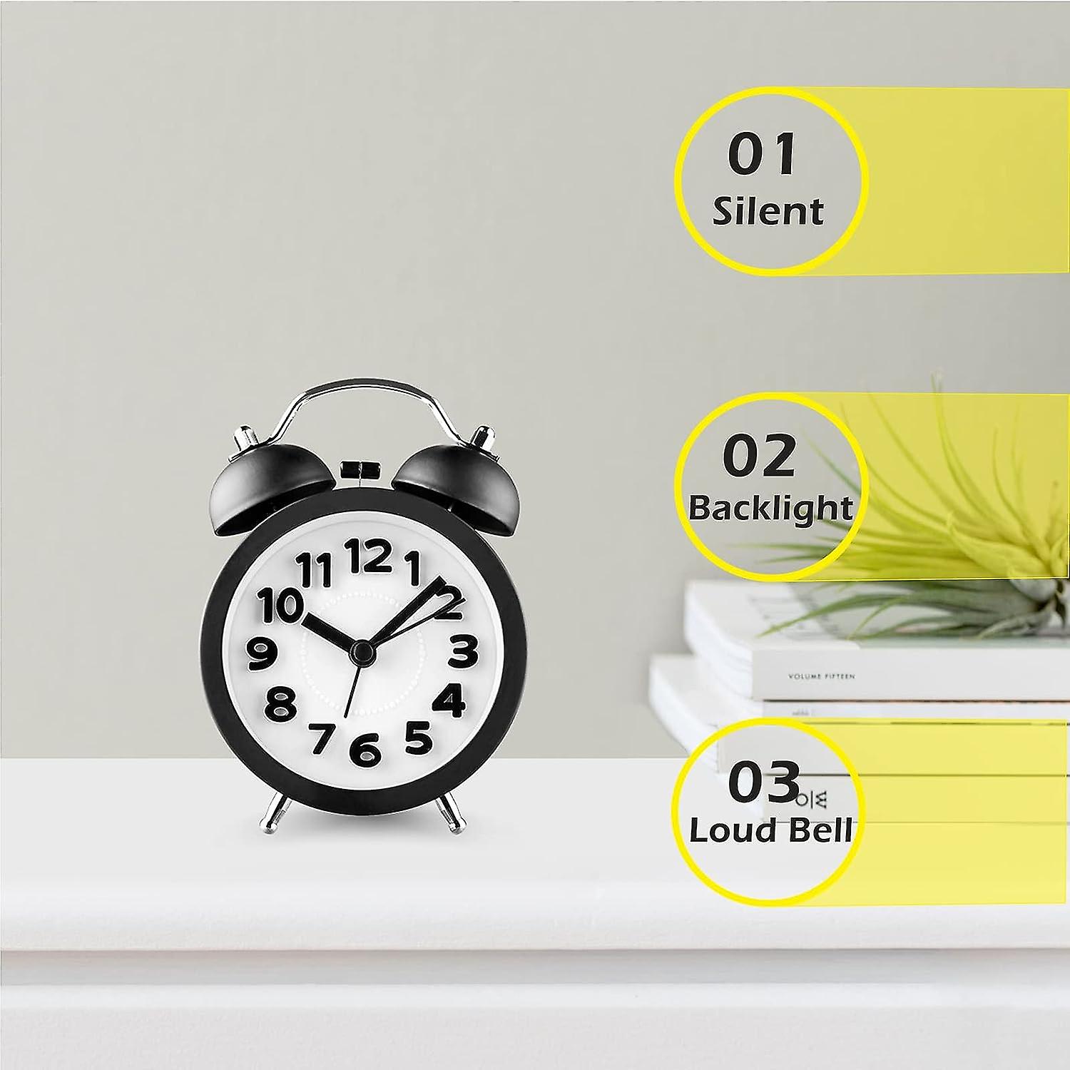 3" Small Loud Alarm Clock for Heavy Sleepers, Twin Bell Alarm Clock Battery Operated, Analog Alarm Clock with Light for Bedroom,Black