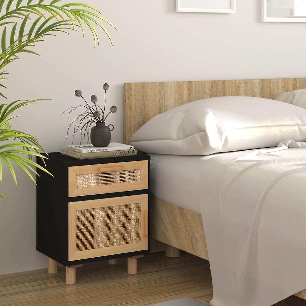 Bedside table Black, solid wood, pine and natural rattan