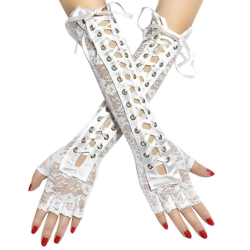 Lace Steampunk Gloves (White) Fingerless Gloves Adjustable Party