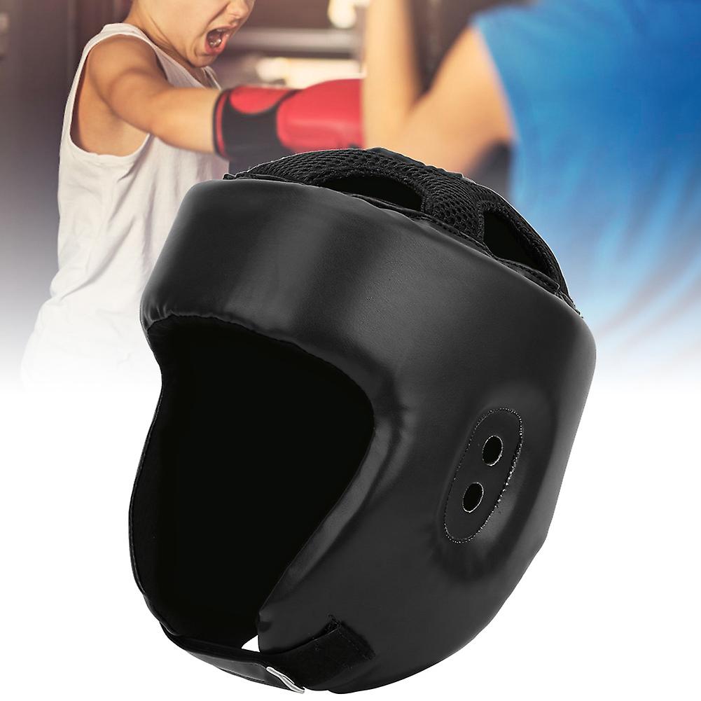 Boxing Helmet PU Leather Adjustable Head Guard Small Black