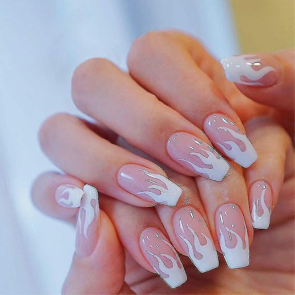24pcs Press On False Nails Flame Coffin Square Acrylic Fake Nails Fire Glue On Fingersnails For Wome