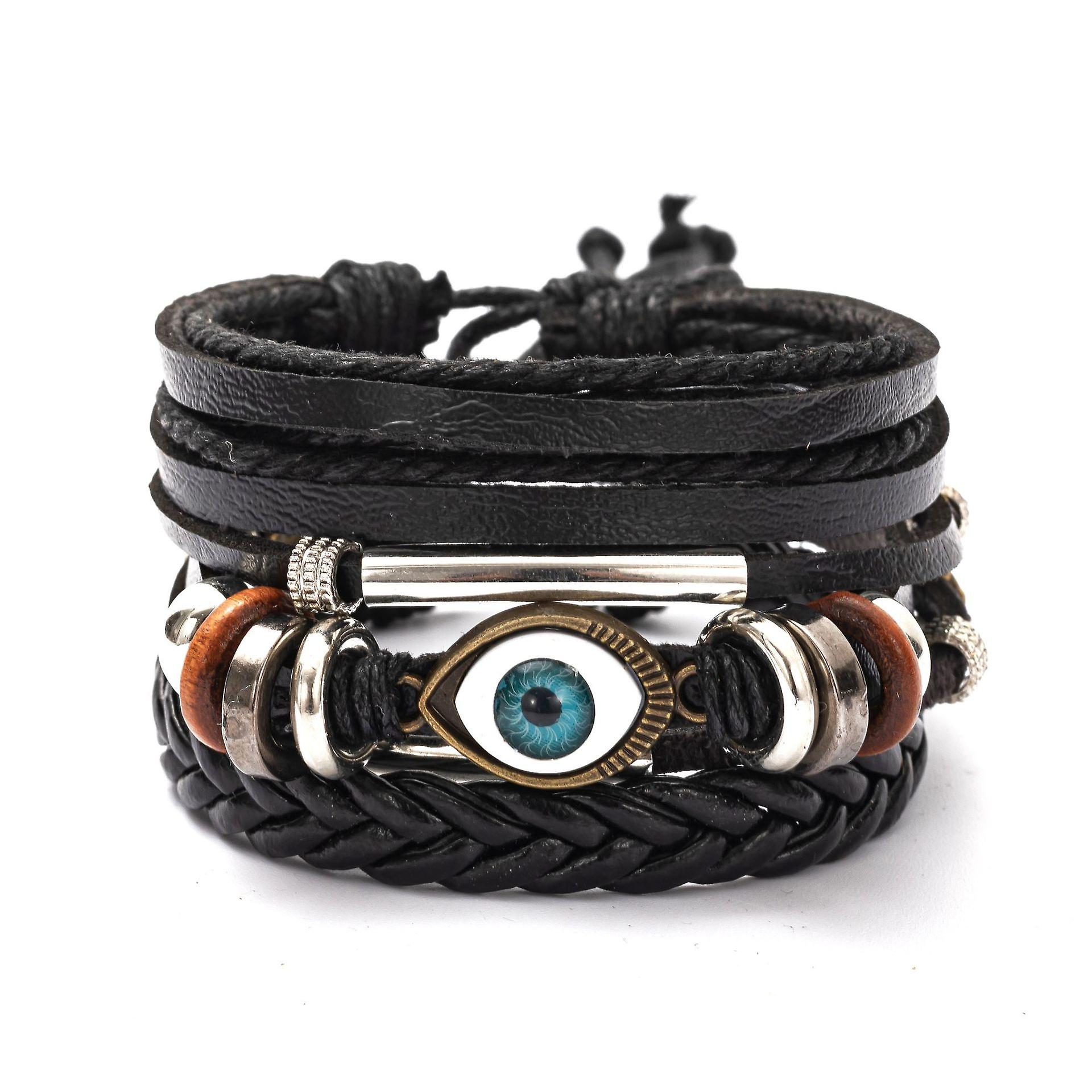 سوار جلدي للرجال DIY أربع قطع مزيج من الجلد الأسود حبل اليد محبوك العين سوار سوار اليد المجوهرات