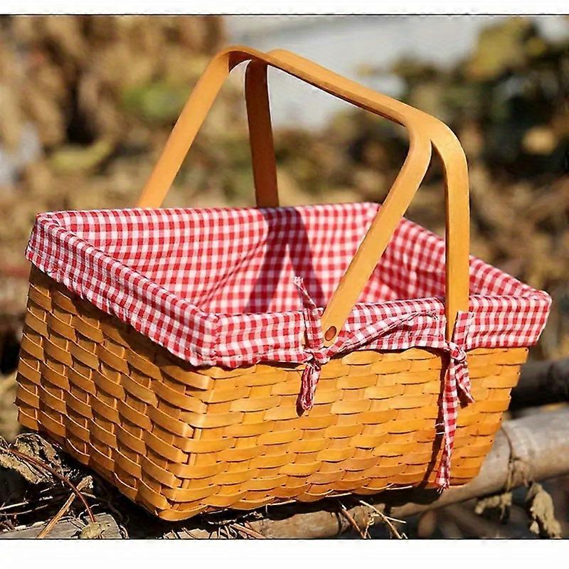 Authentic Willow Woven Picnic Basket - Stylish Dual Handle Design, Cozy Red & White Checkered Liner, Ideal for Rustic Home Decor, Breakfast Storage &