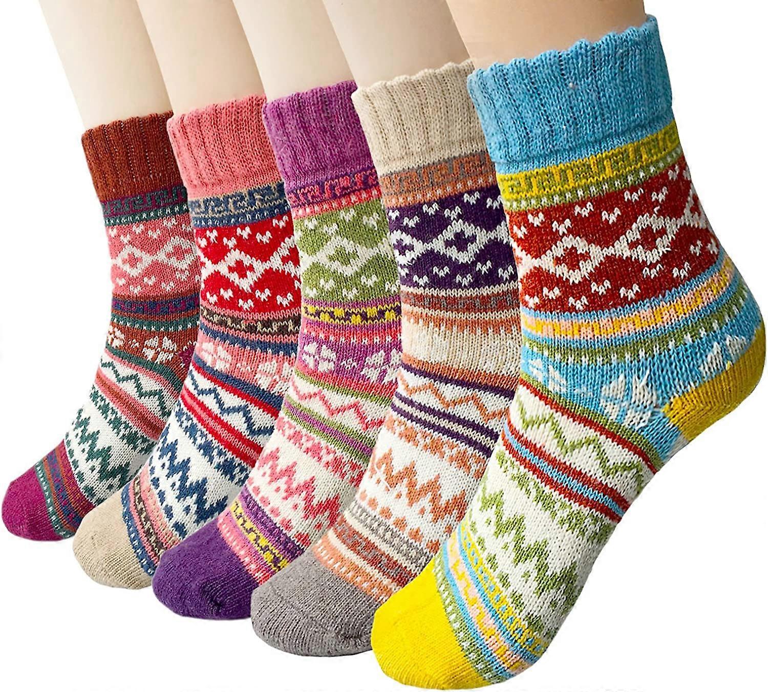 5 pairs of winter wool ladies socks, colorful patterned knitted socks