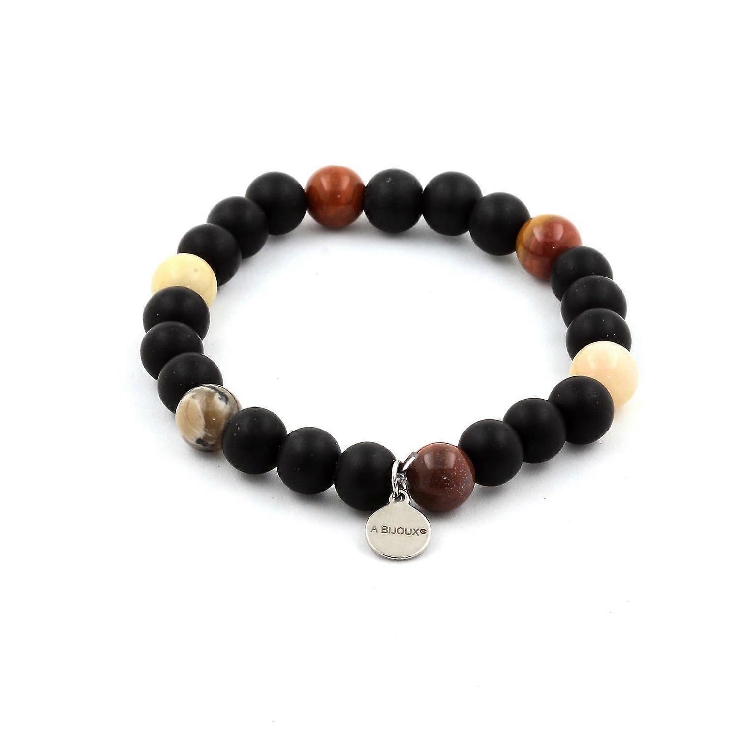 Bracelet Petrified wood beads + matte black onyx 8 mm