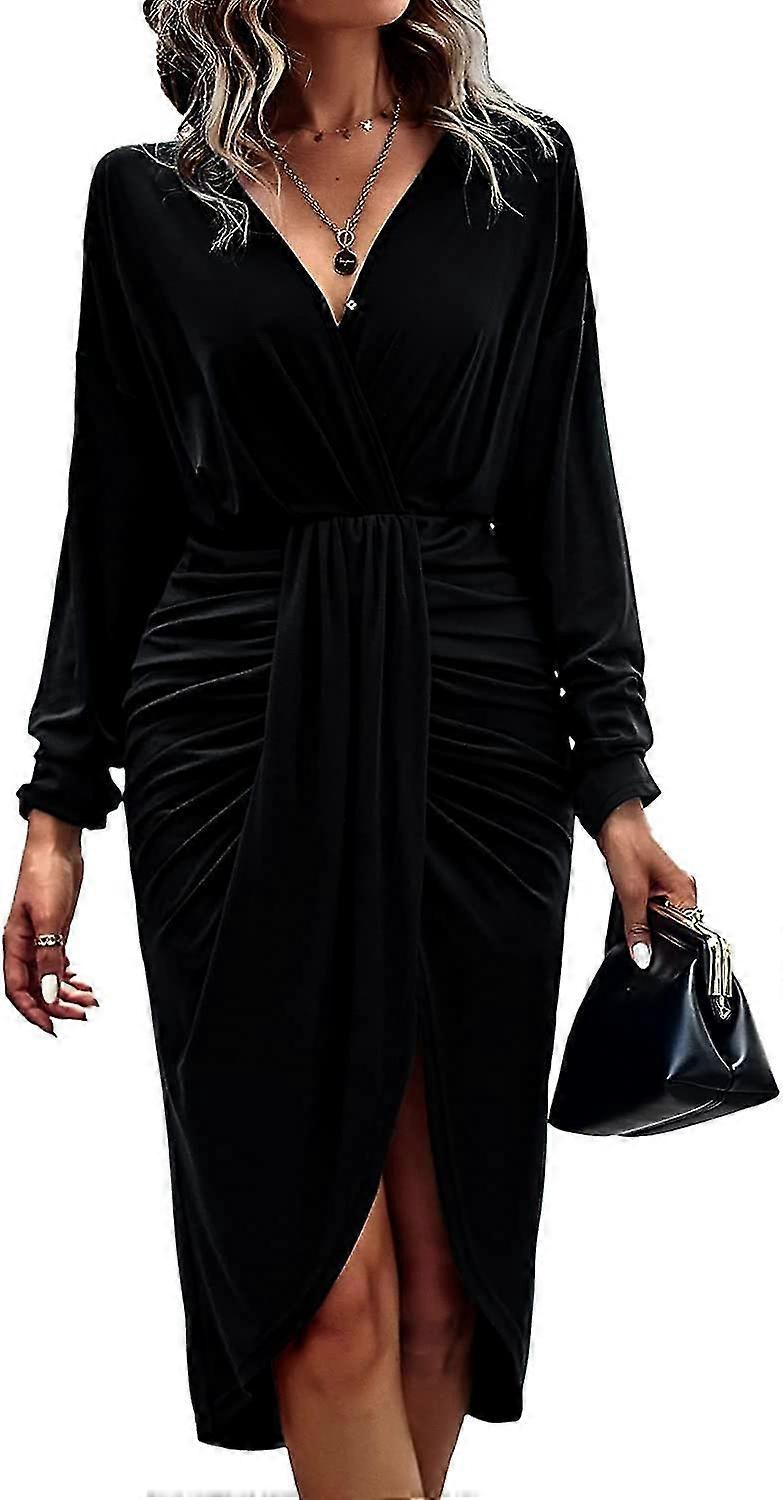 Femmes Ruched Wrap Robe Manches Longues V Col Fente Ourlet Drapé Avant Midi Bodycon Robes