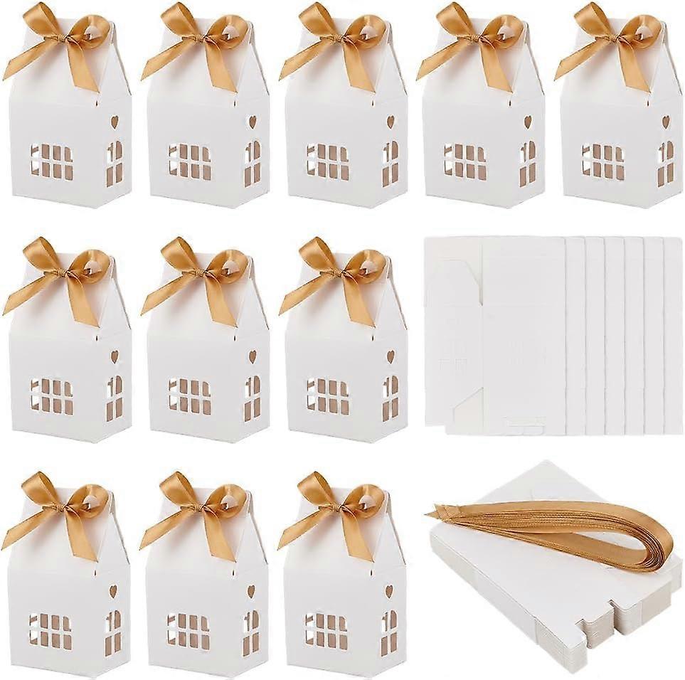 24 Pcs House Shaped Party Boxes 2.83x2.04x4.92 Inch Candy Gift Case with Polyester Ribbon Hollow Cardboard Paper Treat Boxes with Small Windows for De