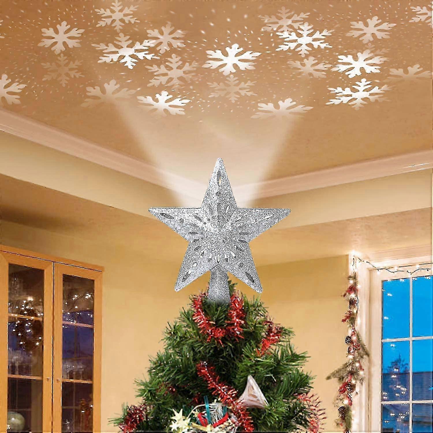 Exquis étoiles Noël Arbre de Noël Topper Décorations - Étincelant Or Hollow Tree Topper, Lampe De Projecteur 3D Rotative Design Flocon De Neige Blanc Clair Pour Chr
