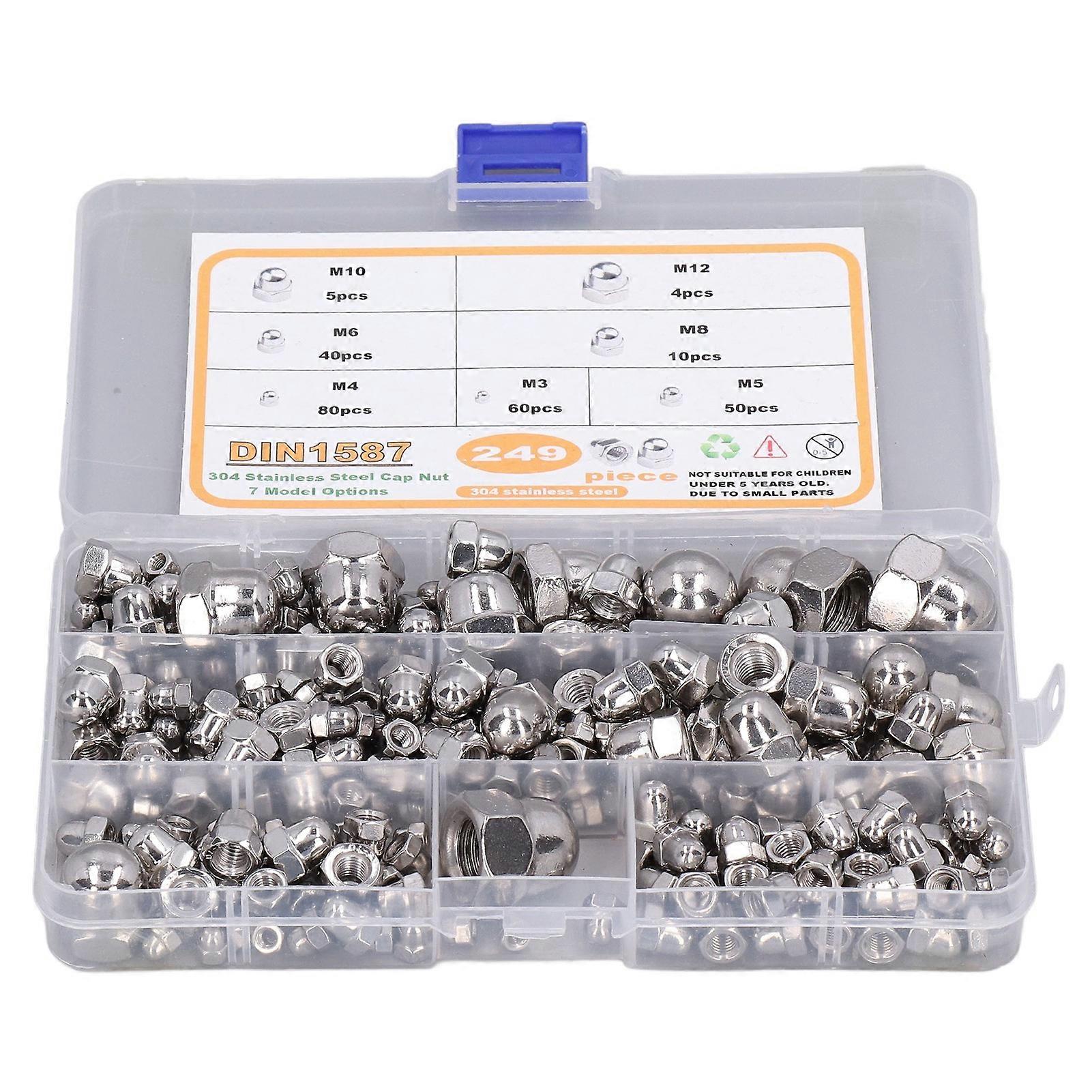 249-teiliges Eichel-Sechskantmuttern-Sortiments-Kit M3? M12 DIN1587 304 Edelstahl glänzend