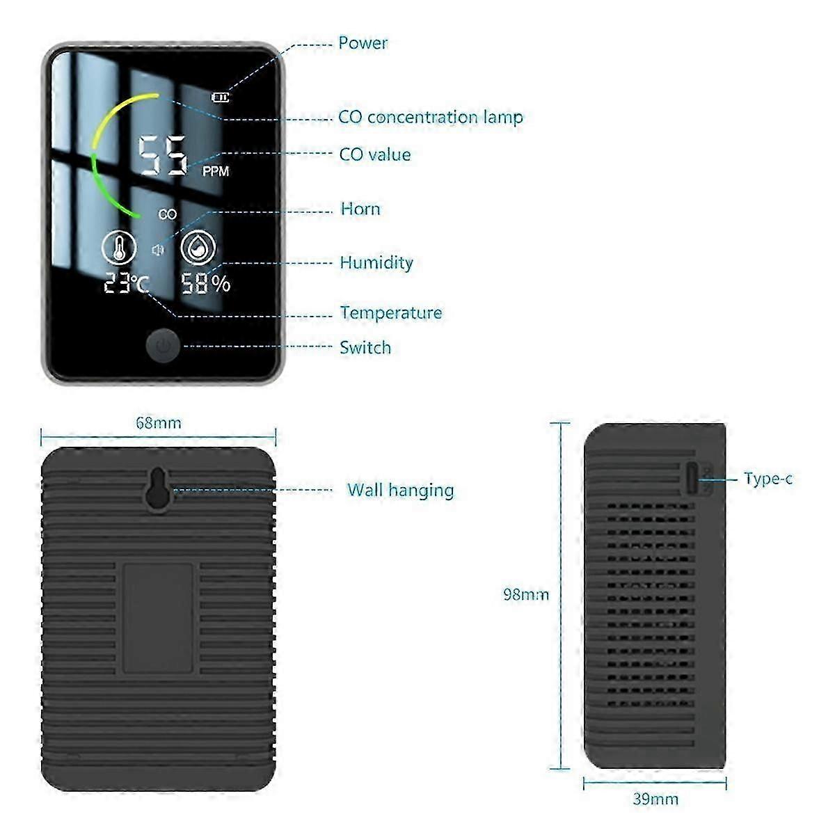 3-in-1 Air Quality Detector, Carbon Monoxide Temperature Humidity Detector, Indoor CO Alarm Detecto