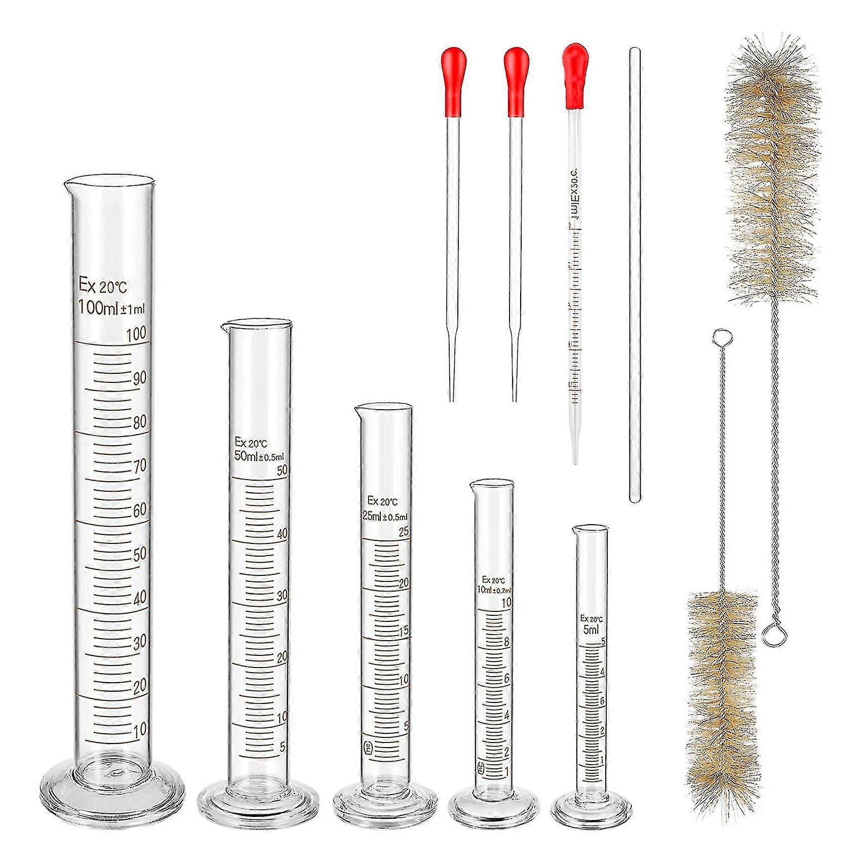 Conjunto de cilindros de medição graduados em vidro, kit premium de cilindros borossilicate com 3 pipetas+2 escovas