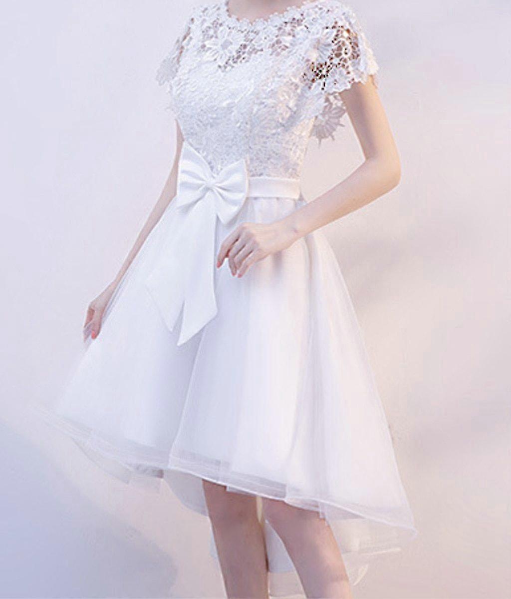 Long Cocktail Lace Short Sleeves Champagne Bridal Gowns