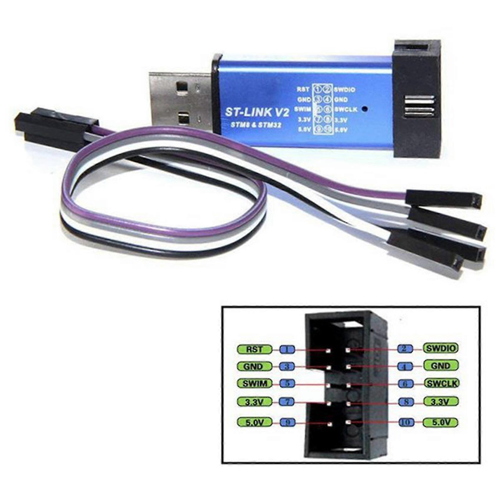 ST-Link V2 Programmierer – Alu-Gehäuse, 4 Dupont-Kabel, Für STM8/STM32 SWD & SWIM