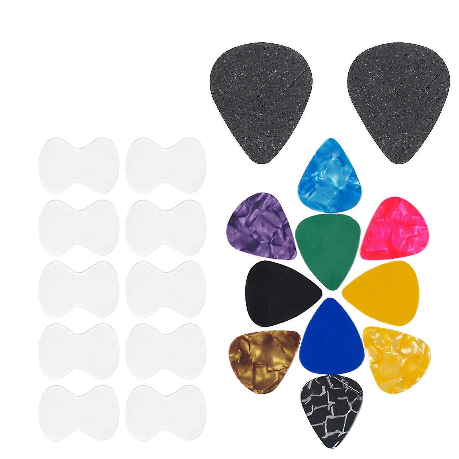 Gitarrpaddlar & Halkskyddande klistermärke & Gitarrplock hållare Set 10st Gitarrplock & 10st Halkskydd klistermärken & 2st Eva Stick-on Hållare Celluloid Picks