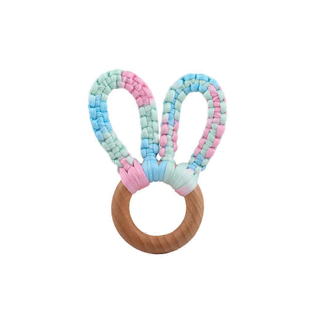 Baby Wooden Hand Grasp Toy DIY Knitting Rabbit Ears Teether Bracelet Bell Rattle