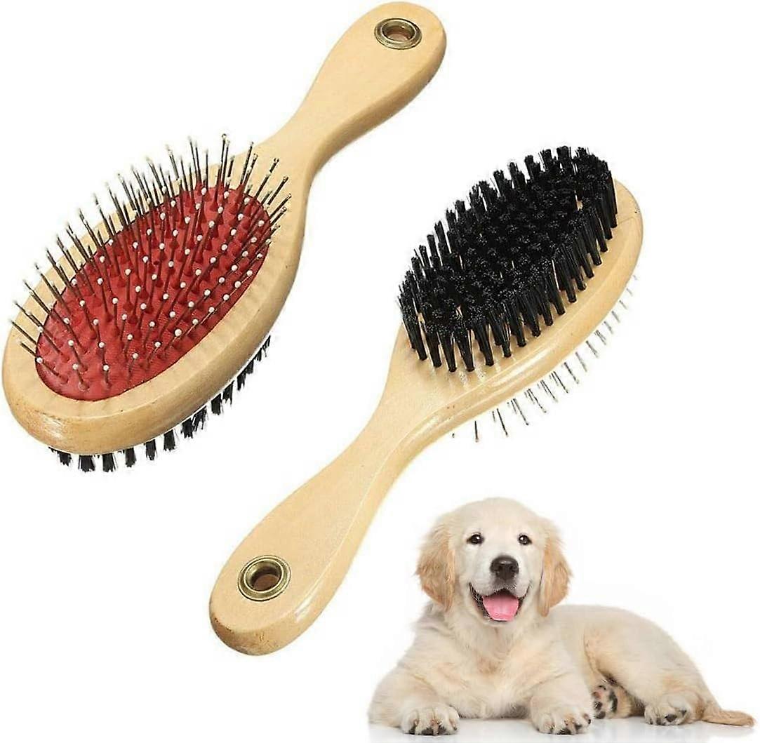 Wooden Dog Brush Double Sided Grooming Brush for Pet Hair Pin and Soft Bristle Brush, Comb and Brush for Dogs Grooming Tools for Long or Short Haired