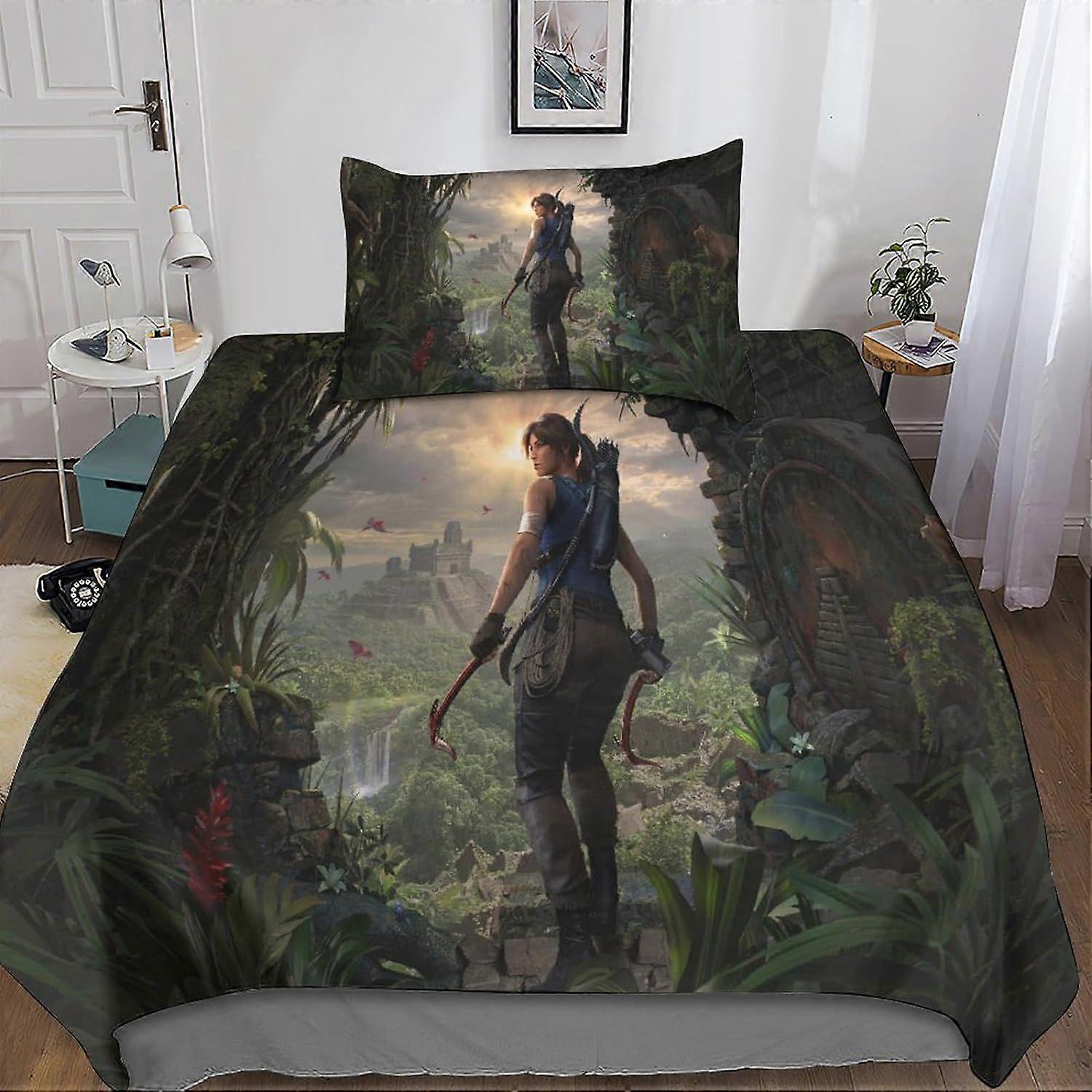طقم مفروشات من ثلاث قطع من Tomb Raider D ، غطاء لحاف منزلي من Tomb Raider ، مع غطاء لحاف وغطاء وسادة ، طقم مفروشات من الألياف الدقيقة Si 135 * 200 سم