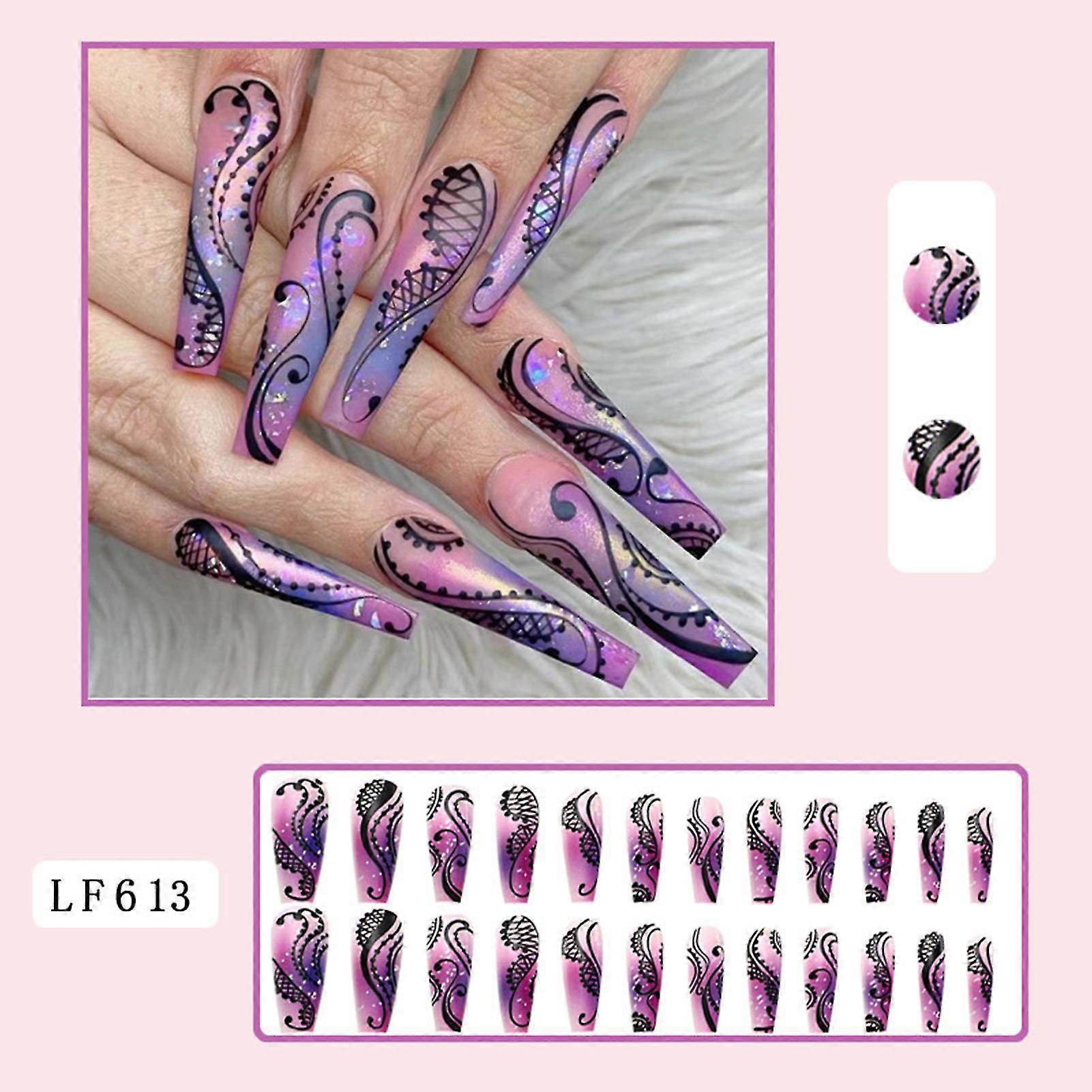 Violet Dentelle Long Faux Ongles Facile À Appliquer Enlever Les Ongles Gelée Colle Modèle