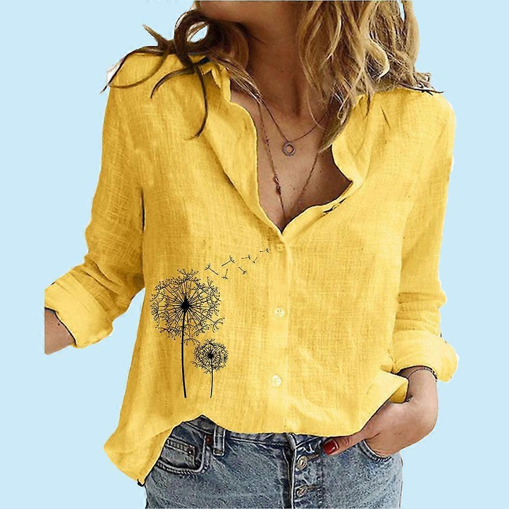 Women Casual Floral Print Linen Shirt Summer&fall Fashion Button-down ...