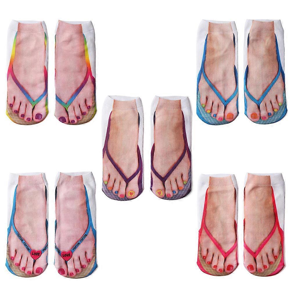 5 pairs of three-dimensional printed socks with flip flops - red+purple+blue+love blue+color - one size fits all