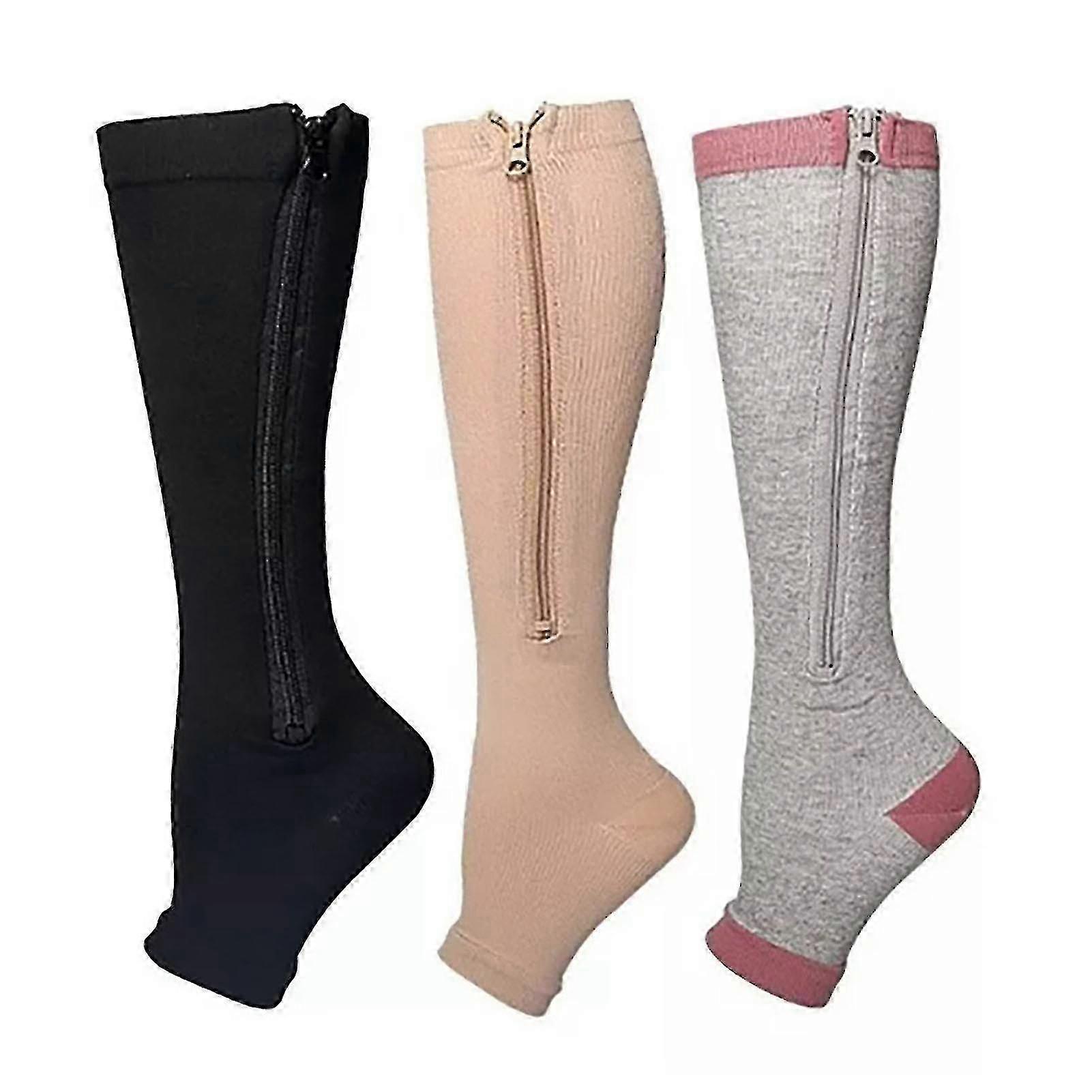3 Pairs Zipper Compression Socks Nylon Open Toe Compression Socks For Walking Running