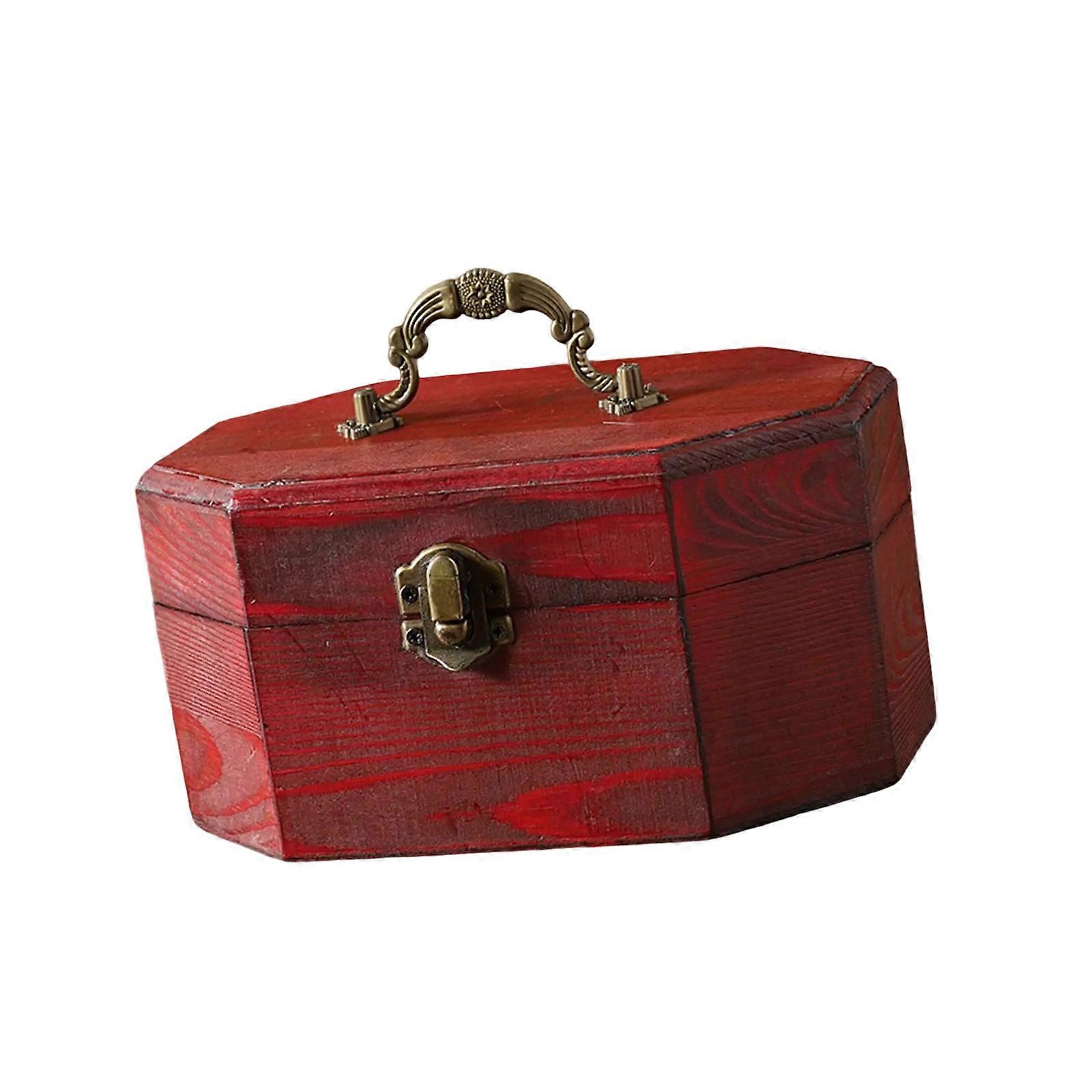 Octagonal Wooden Storage Box Storage Container for Jewelry and Treasure with Handle Perfect for Kids and Adults Red