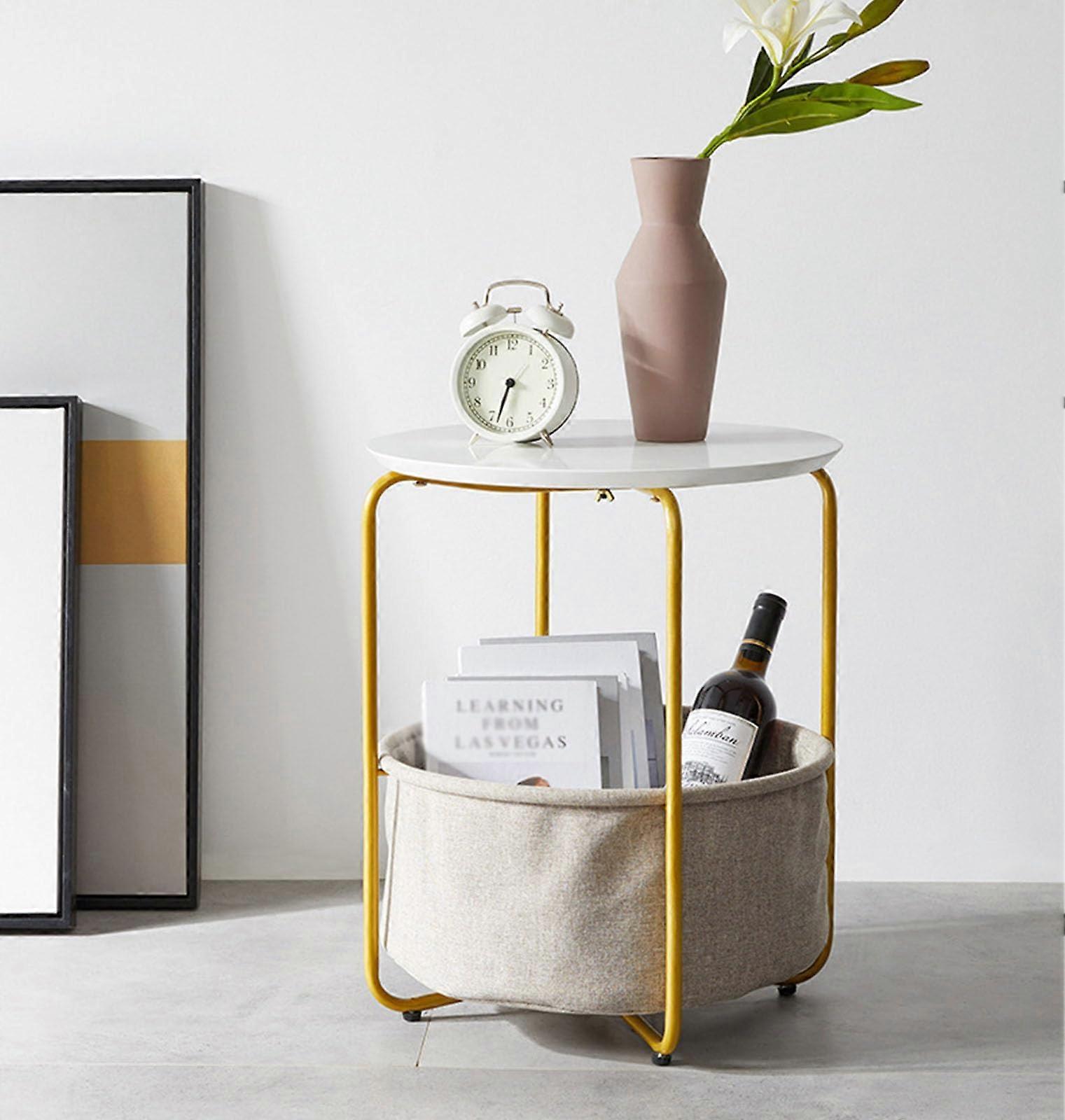 Round side table with fabric storage basket, Small side table, Coffee table, Nightstand