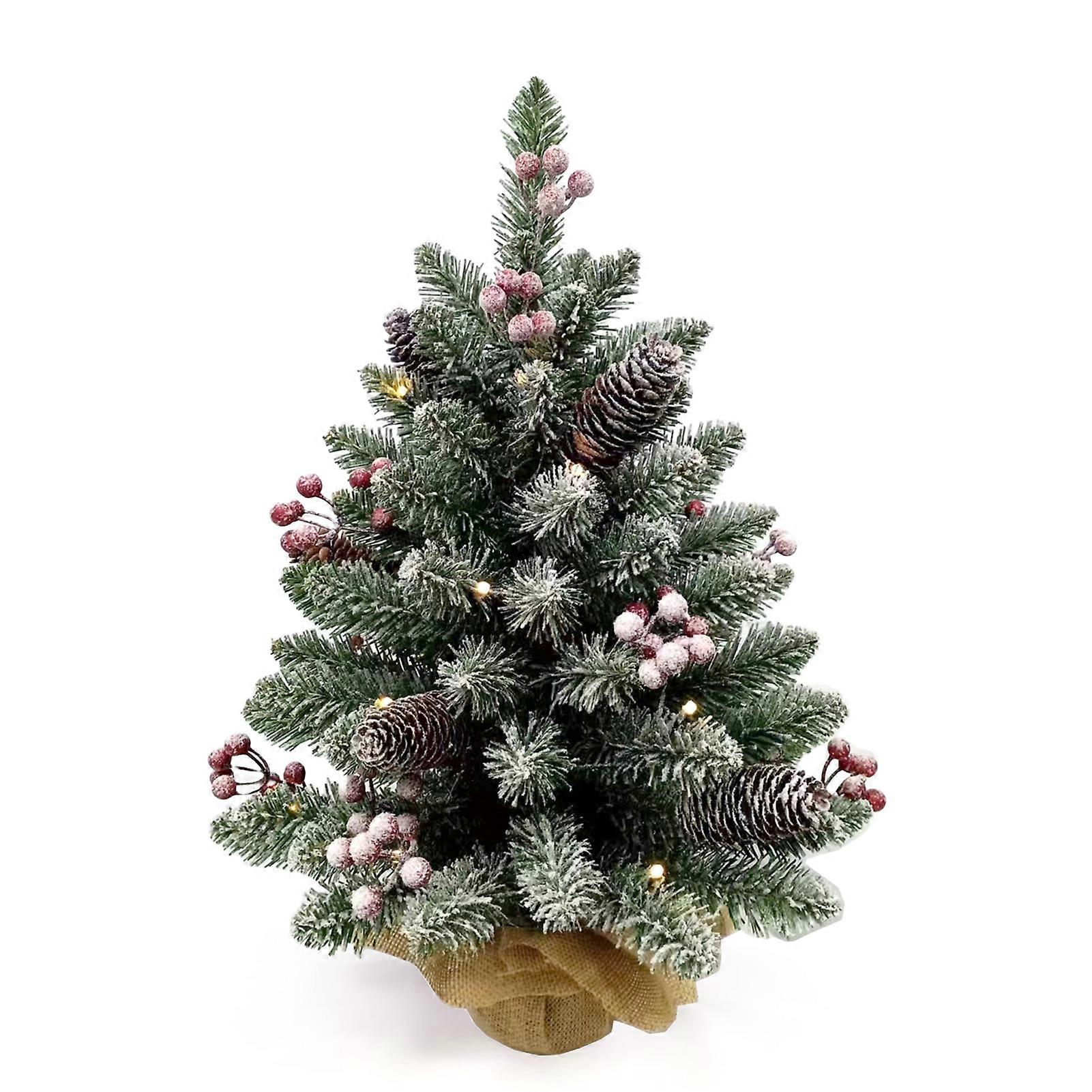 20 Inch Small Christmas Tree Tabletop Decor with Warm White LED Light String Red Fruit Plastic Pine Cone Burlap Base Christmas Ornament  for Table To