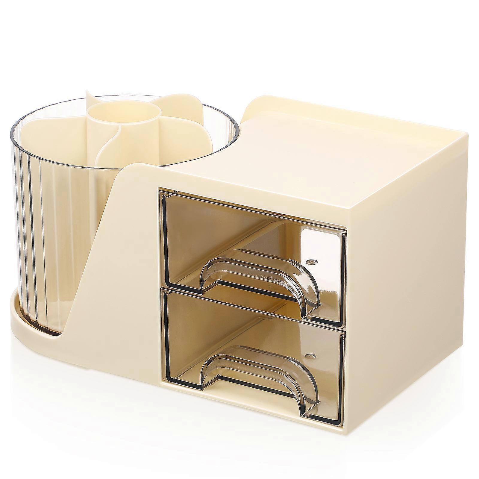 Rotatable Desk Organizer with Multiple Compartments for Office Supplies and Makeup Tools – Space Saving Modern White Plastic Container for Efficient