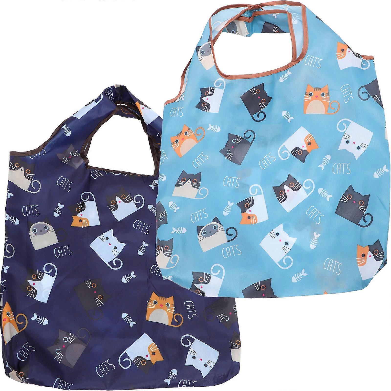 2pcs Folding Shopping Bag with Cute Cat Design for Handheld Tote Use in Shopping, Travel & Storage