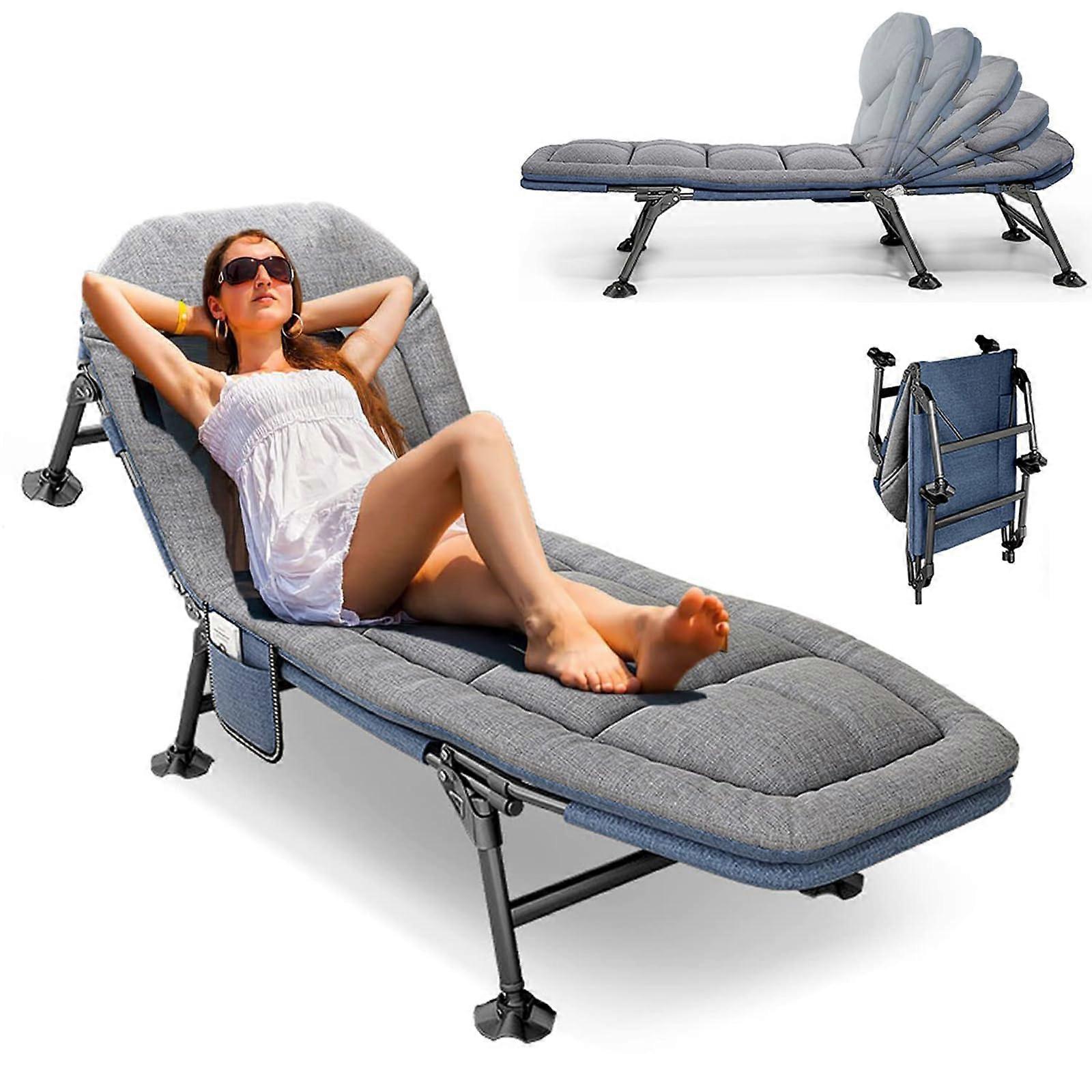 Camp Bed with Side Pocket, Lightweight Folding Sun Lounger for Patio, Garden, Beach Pools, 6 Legs Fishing Carp Bed
