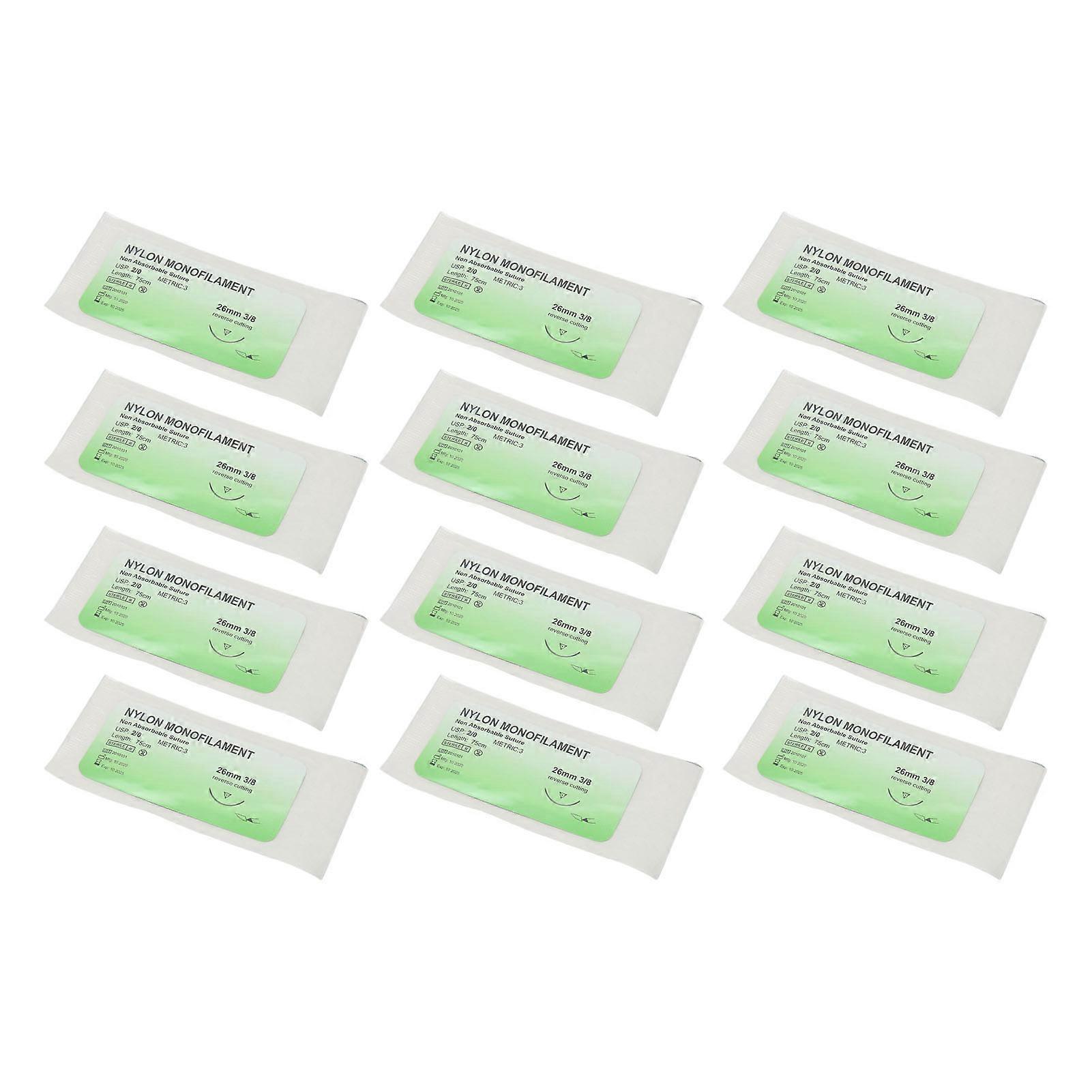 12pcs Suture Practice Thread Individual Package Nylon Suturing Thread Set with Curved Needle 2/0 