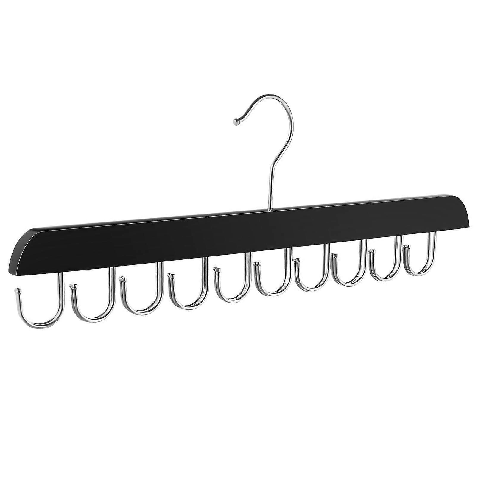 Multifunctional wooden hanger with hooks, spacesaving for belts, ties, scarves, and efficient storage in the wardrobe.