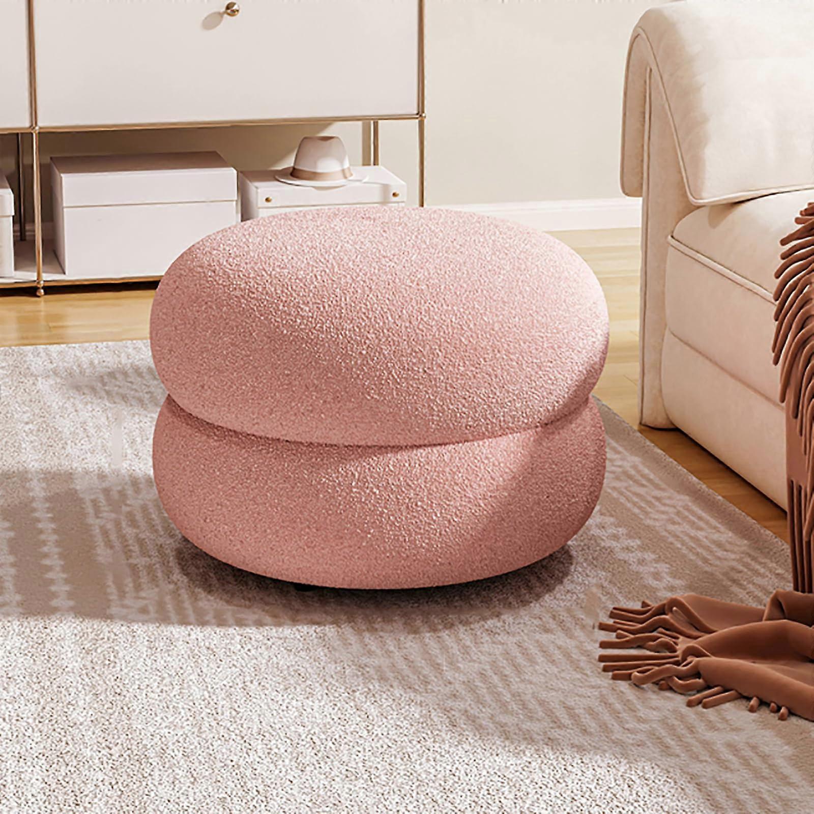 Modern Sherpa Round Foot Stool Soft Compact Padded Upholstered Pink 35x35x22cm