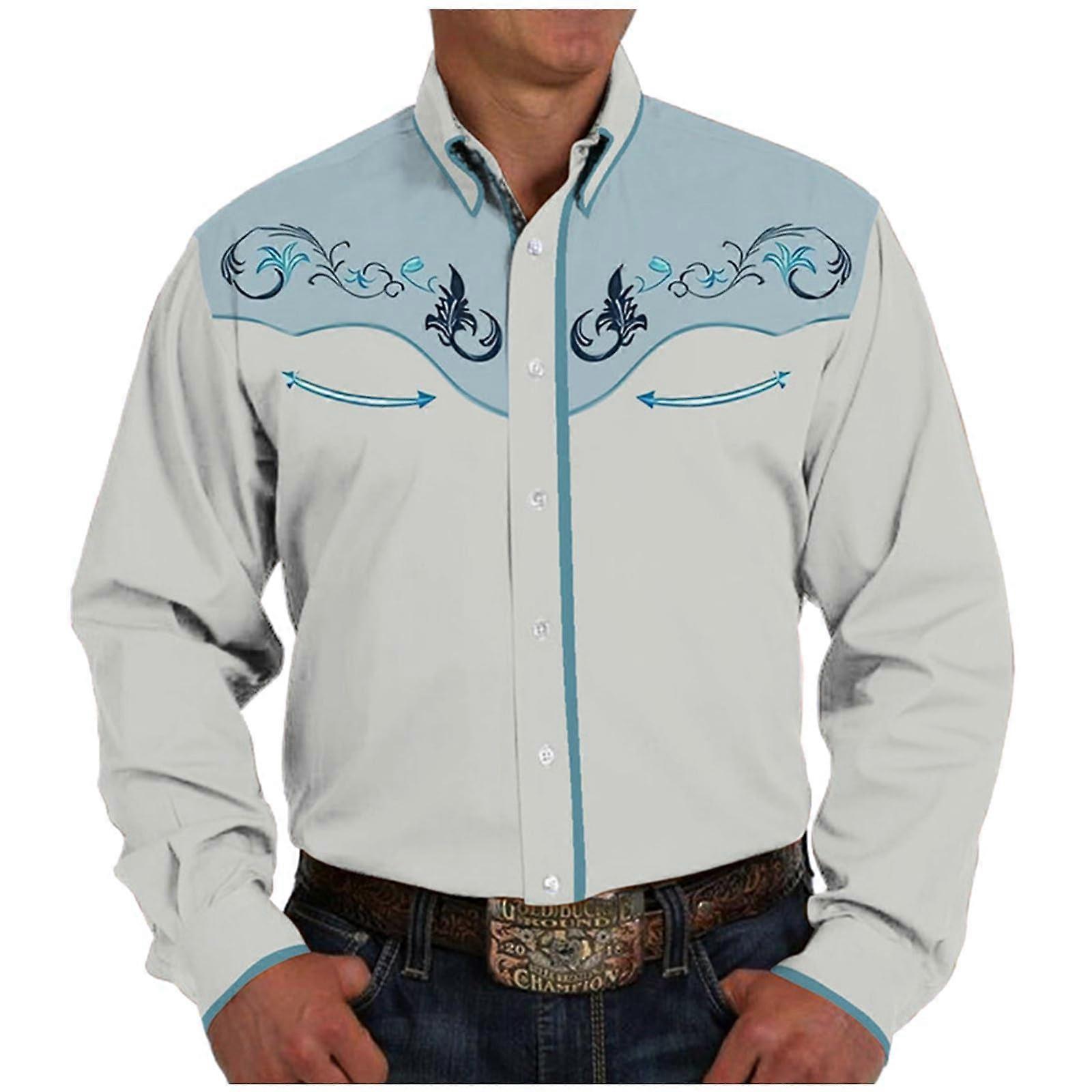 Cowboy Costume Men's Slim Fit Traditional Shirt, Vintage Hippie Style With Pockets, Cotton Long Sleeve White 3XL