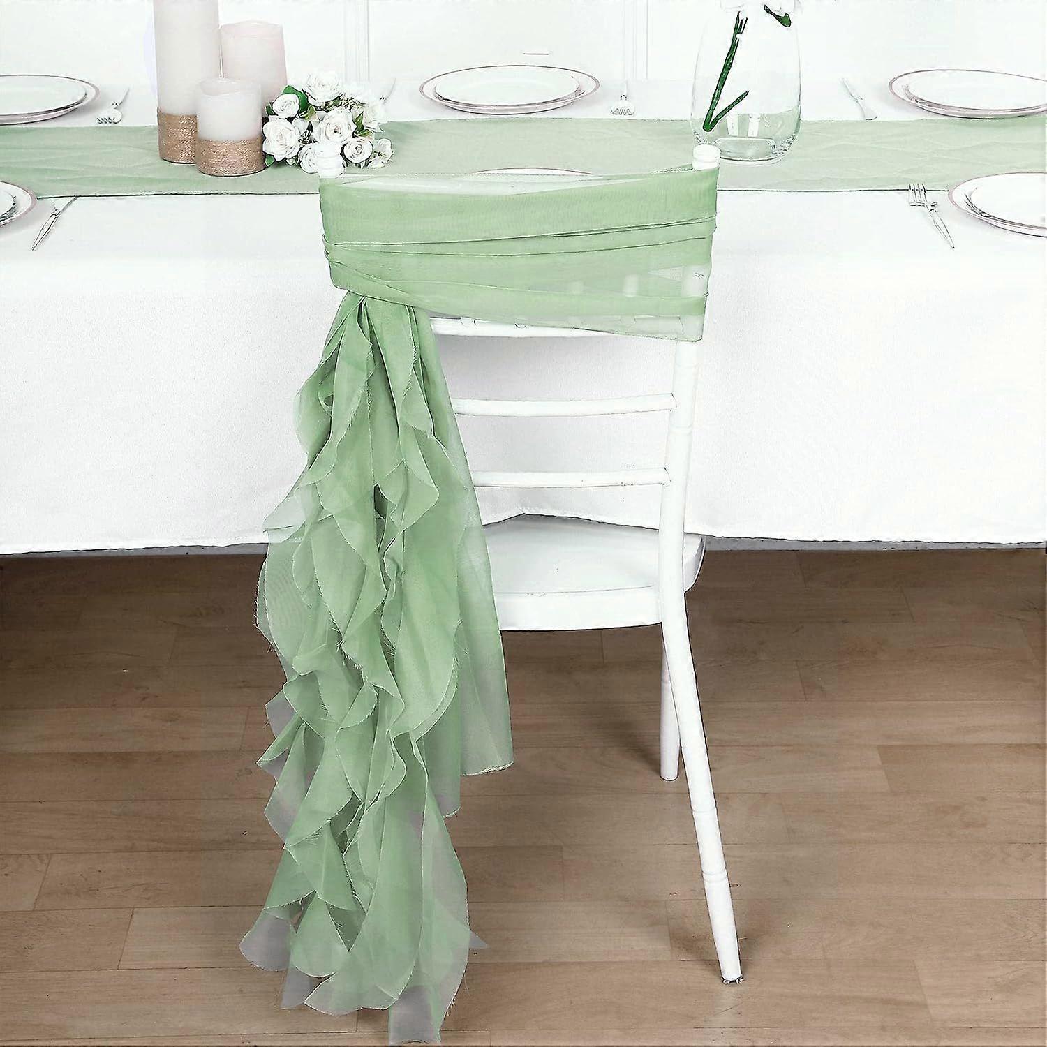 1 Set Sage Green Premium Designer Curly Willow Chiffon Chair Sashes for Home