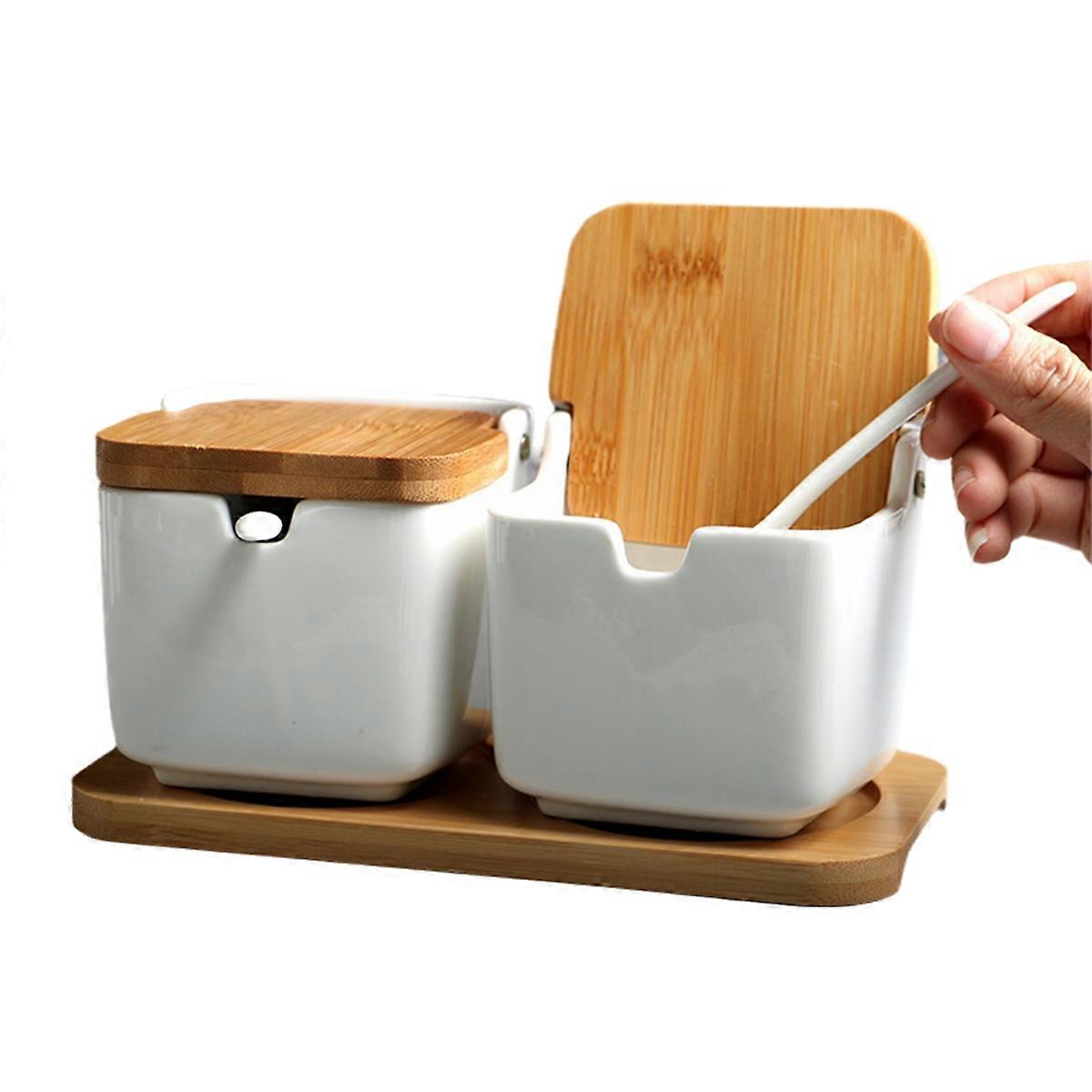 Ceramic Square Flip Lid Spice Jar with Tray Home Use Kitchen Spice Bottle Spice Jar B
