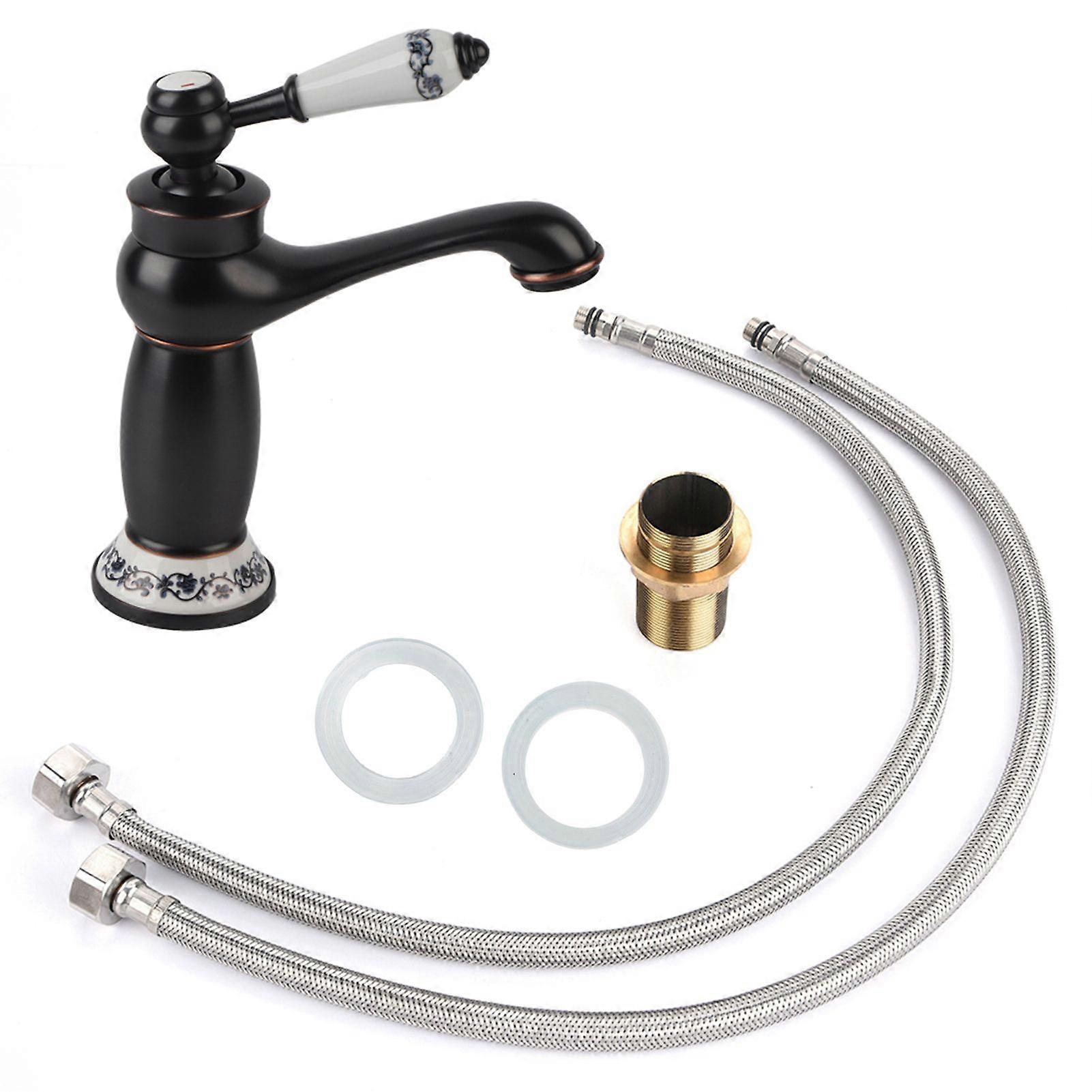 Floral Pattern Single Handle Mixer Tap Cold/Hot Water Faucet for Bathroom Basin Sink (Black)